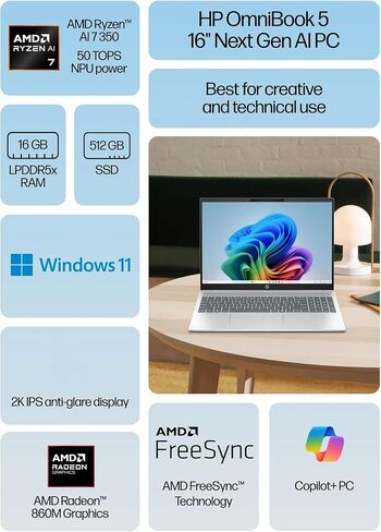 HP Omnibook 5 in Silver Ryzen AI 7 up to 5.0GHz 16GB DDR5 512GB SSD 16in WUXGA Backlit Keyboard Win11 (16-ag1 - Renewed) in Saudi Arabia