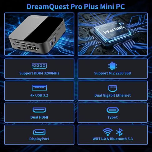 DreamQuest Mini PC Barebone – Intel 12th Gen N95 (up to 3.4GHz), 4K@60Hz UHD Graphics, WiFi 5, BT 4.2, 4X USB 3.2, Dual LAN, 3X HDMI, Windows 11 Pro Supported (No RAM, No SSD) in Saudi Arabia
