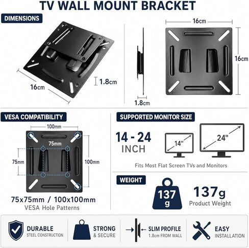 Universal TV Wall Mount Bracket,VESA Compatible Mounting Plate for 14-24 inch Computer Monitor and Flat Screen, Quick Release Steel Kit for Home RV Office in Saudi Arabia