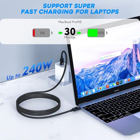 كابل Thunderbolt 4، [نقل بيانات بسرعة 40 جيجابت في الثانية] كابل USB C طويل 2M/6.6FT، فيديو 8K/4K 60 هرتز وشحن سريع 240W PD 3.1، سلك كابل USB مجدول نشط متوافق مع Thunderbolt 3/USB 4/MacBook Pro/iPhone in Kuwait
