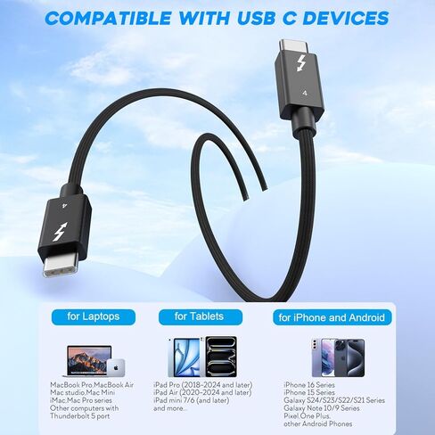 كابل Thunderbolt 4، [نقل بيانات بسرعة 40 جيجابت في الثانية] كابل USB C طويل 2M/6.6FT، فيديو 8K/4K 60 هرتز وشحن سريع 240W PD 3.1، سلك كابل USB مجدول نشط متوافق مع Thunderbolt 3/USB 4/MacBook Pro/iPhone in Kuwait