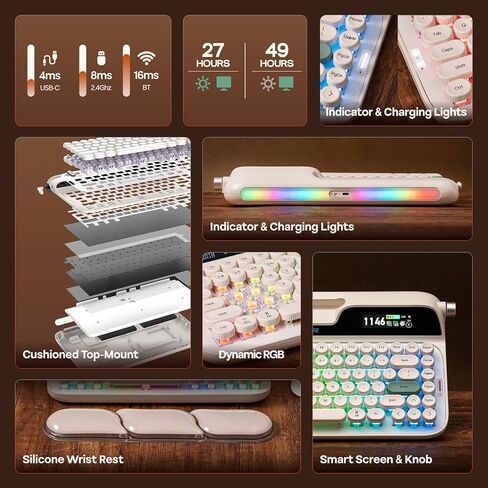 EPOMAKER Glyph Wireless Typewriter Retro Mechanical Keyboard, Screen & Knob & Lever, Wrist Rest, Round PBT Keycap, Hot Swap, RGB, Custom Software, Top-Mount, 75% Creamy Keyboard for PC/MAC in Saudi Arabia