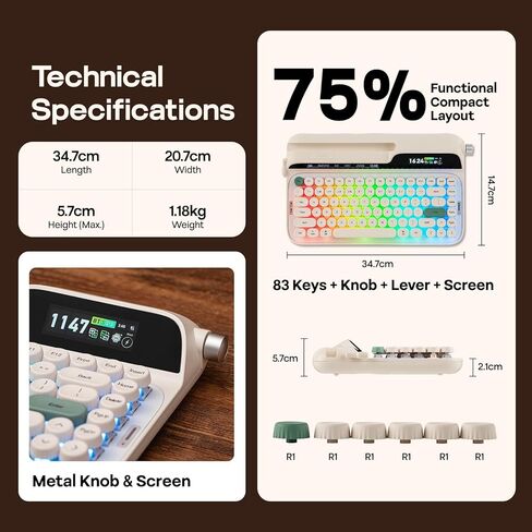 EPOMAKER Glyph Wireless Typewriter Retro Mechanical Keyboard, Screen & Knob & Lever, Wrist Rest, Round PBT Keycap, Hot Swap, RGB, Custom Software, Top-Mount, 75% Creamy Keyboard for PC/MAC in Saudi Arabia