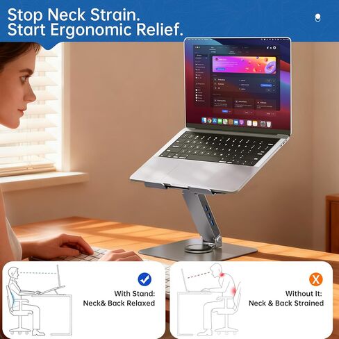 حامل كمبيوتر محمول يدور 360 درجة من EJAY مع محور USB 3.2 بسرعة 10 جيجابت في الثانية، وحامل كمبيوتر من الألومنيوم عالي التحمل للمكتب، وحامل مريح قابل للتعديل لجهاز MacBook Pro Air، وDell، وHP، والمكتب in Kuwait