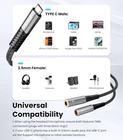 USB C to Dual 3.5mm Female Headphone Splitter 20CM, Type C to Two 3.5mm TRRS Female Audio Jack Splitter Adapter for 2 Headphones, USB C Smartphone, Laptop, Speakers, TRRS Microphones in Saudi Arabia