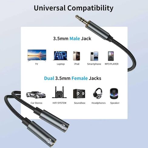 3.5mm Headphone Splitter, Dual Headphone Jack Adapter for 2 Headphones, Audio Stereo Y Splitter Male to Female AUX Extension Cable with Gold-Plated Connectors Compatible with iPhone, iPad, Laptop in Saudi Arabia
