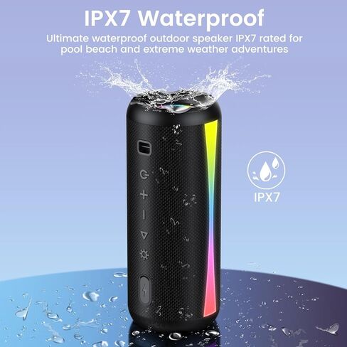 مكبر صوت بلوتوث محمول، مكبر صوت بلوتوث 2026 لاسلكي 5.4 مع أضواء RGB، وقت تشغيل 30 ساعة مع باس عميق، IP7 مقاوم للماء، اقتران TWS، مكبر صوت محمول للسفر/الحفلة/المنزل/الهدايا، أسود in Kuwait