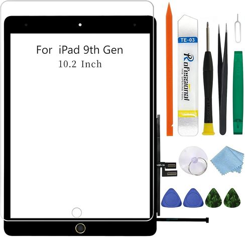 لجهاز iPad 9 (إصدار الجيل التاسع 2021) زجاج بديل للشاشة يعمل باللمس، لجهاز iPad 10.2 بوصة A2602 A2603 A2604 A2605، مع زر وأدوات منزلية ذهبية - أسود in Kuwait