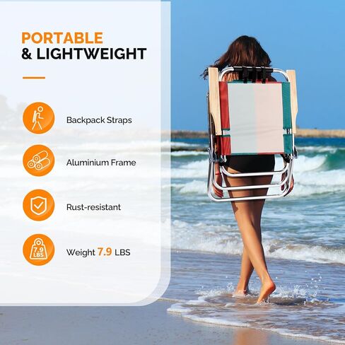 VINGLI 17" Tall Beach Chair, Aluminum Backpack Beach Chairs for Adults, Portable with Adjustable Straps, 3-Position Reclining, Cup Holder, High Lightweight Beach Chairs for Beach in Saudi Arabia