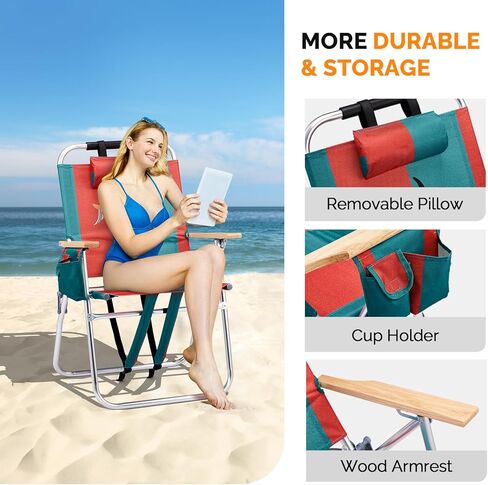 VINGLI 17" Tall Beach Chair, Aluminum Backpack Beach Chairs for Adults, Portable with Adjustable Straps, 3-Position Reclining, Cup Holder, High Lightweight Beach Chairs for Beach in Saudi Arabia