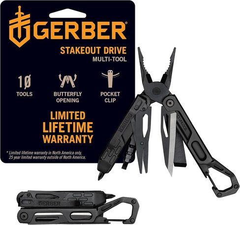 محرك Gerber Gear Stakeout Drive - أداة متعددة الفتحات على شكل فراشة 10 في 1 مع كماشة إبرة، ومفك لقمة قلاب كبير الحجم، وشفرة حافة عادية، وإزميل، وفتاحة زجاجات، ومشبك جيب وحلقة تسلق - أسود in Saudi Arabia