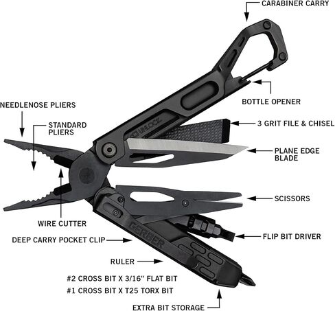 محرك Gerber Gear Stakeout Drive - أداة متعددة الفتحات على شكل فراشة 10 في 1 مع كماشة إبرة، ومفك لقمة قلاب كبير الحجم، وشفرة حافة عادية، وإزميل، وفتاحة زجاجات، ومشبك جيب وحلقة تسلق - أسود in Saudi Arabia