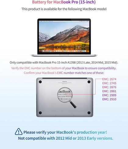 ASMARK A1494/A1618 بطارية بديلة لجهاز MacBook Pro 15 بوصة A1398 (منتصف 2015، منتصف 2014، أواخر 2013) شبكية العين in Kuwait