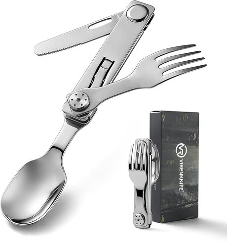 VIRENKNIFE 3-in-1 Camping Eating Utensils, Detachable Pocket Cutlery Folding Spoon, Fork, Knife，Stainless Steel Flatware Set for Outdoor, Camping, Hiking, Easy to Carry in Kuwait