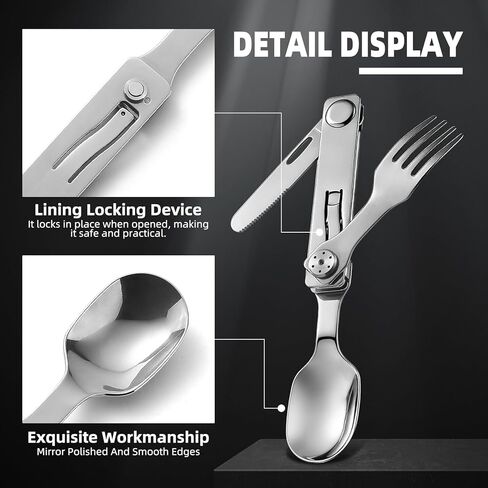 VIRENKNIFE 3-in-1 Camping Eating Utensils, Detachable Pocket Cutlery Folding Spoon, Fork, Knife，Stainless Steel Flatware Set for Outdoor, Camping, Hiking, Easy to Carry in Kuwait