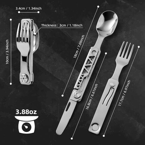 VIRENKNIFE 3-in-1 Camping Eating Utensils, Detachable Pocket Cutlery Folding Spoon, Fork, Knife，Stainless Steel Flatware Set for Outdoor, Camping, Hiking, Easy to Carry in Kuwait