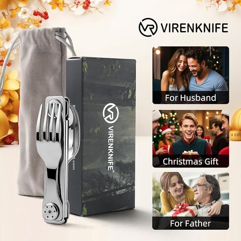 VIRENKNIFE 3-in-1 Camping Eating Utensils, Detachable Pocket Cutlery Folding Spoon, Fork, Knife，Stainless Steel Flatware Set for Outdoor, Camping, Hiking, Easy to Carry in Kuwait