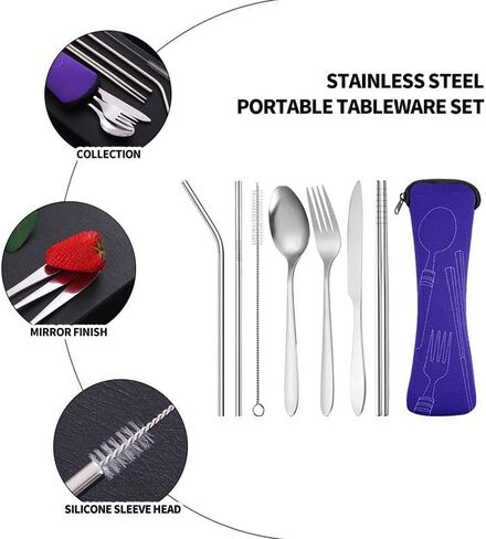 Travel Utensils with Bag, Portable Silverware Set for Work, Stainless Steel Reusable Travel Cutlery Set, Fork and Spoon Set for Camping, Picnic, Gadgets, Lunch Box for Men in Saudi Arabia