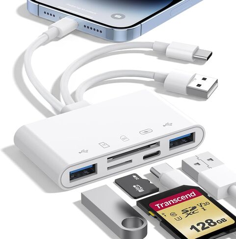 قارئ بطاقة ذاكرة 5 في 1، محول USB OTG وقارئ بطاقة SD لأجهزة iPhone iPad Mac USB C وUSB A مع 5 فتحات PD 60W/بطاقة USB مزدوجة/TF/SD، محول الكاميرا يدعم SD/Micro SD/SDHC/SDXC/MMC in Kuwait