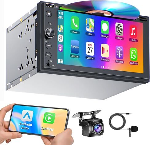 Double Din Car Stereo with CD/DVD Player Apple Carplay & Android Auto, 7 Inch Car Radio with Bluetooth and Backup Camera, Touch Screen, Mirror Link, Steering Wheel Control, USB/TF/AUX Input, AM/FM in Saudi Arabia