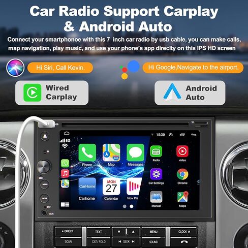 Double Din Car Stereo with CD/DVD Player Apple Carplay & Android Auto, 7 Inch Car Radio with Bluetooth and Backup Camera, Touch Screen, Mirror Link, Steering Wheel Control, USB/TF/AUX Input, AM/FM in Saudi Arabia