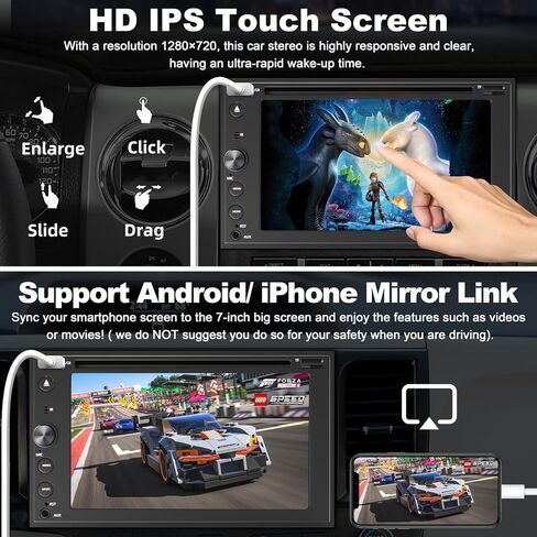 Double Din Car Stereo with CD/DVD Player Apple Carplay & Android Auto, 7 Inch Car Radio with Bluetooth and Backup Camera, Touch Screen, Mirror Link, Steering Wheel Control, USB/TF/AUX Input, AM/FM in Saudi Arabia