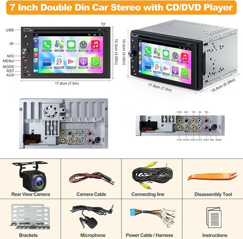 Double Din Car Stereo with CD/DVD Player Apple Carplay & Android Auto, 7 Inch Car Radio with Bluetooth and Backup Camera, Touch Screen, Mirror Link, Steering Wheel Control, USB/TF/AUX Input, AM/FM in Saudi Arabia