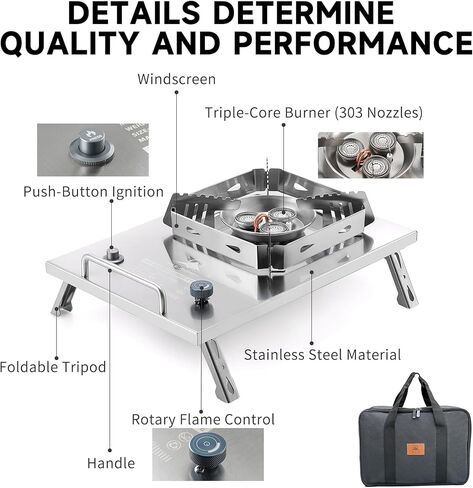 Camping Stove, Portable Foldable Stainless Steel Windproof Gas Stove with Electronic Ignition, Adjustable Flame, 25591 BTU Output, Includes Carry Bag, for IGT Table, Outdoor, Camping & Party Cooking in Saudi Arabia