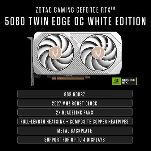 كمبيوتر سطح المكتب ZOTAC MEK للألعاب، NVIDIA GeForce RTX 5060 8GB GDDR7، AMD Ryzen 5 9600X حتى 5.4 جيجا هرتز، 16 جيجا DDR5، 1 تيرابايت NVMe SSD، 650W 80+ Gold PSU، WiFi 6E، بلوتوث 5.3، Windows 11 Home، أبيض in Saudi Arabia