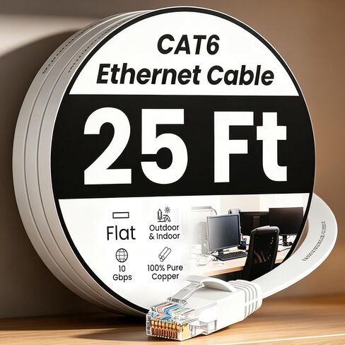 Cat 6 Ethernet Cable 25ft, Flat High Speed 10Gbps Internet Network Cable for Indoor Outdoor, Pure Copper Patch Cord with Snagless RJ45 Connectors, White in Saudi Arabia