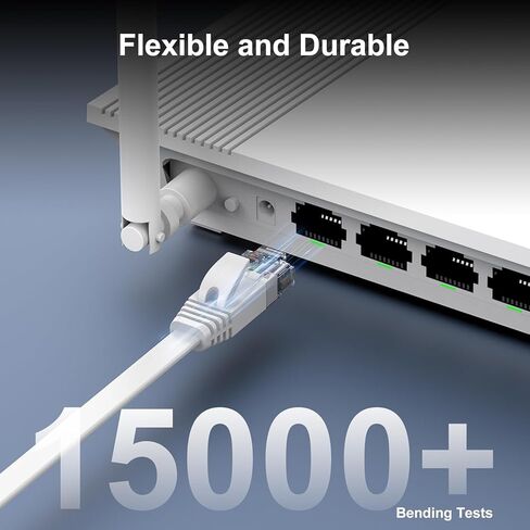 Cat 6 Ethernet Cable 25ft, Flat High Speed 10Gbps Internet Network Cable for Indoor Outdoor, Pure Copper Patch Cord with Snagless RJ45 Connectors, White in Saudi Arabia