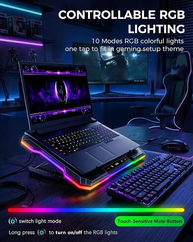 وسادة تبريد للكمبيوتر المحمول ChillCore 2 قابلة للفصل RGB للألعاب، تبريد سريع لأجهزة الكمبيوتر المحمول مقاس 15.6-19.3 بوصة، تحكم في السرعة المتغيرة، 8 ارتفاعات قابلة للتعديل - K6 RGB in Kuwait
