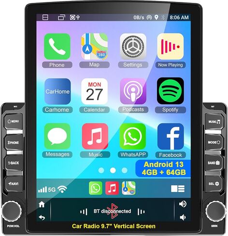 شاشة QLED ترقية 9.7 بوصة ستيريو راديو سيارة مزدوج الدين مع A-pple CarPlay وAndroid Auto، بلوتوث، MirrorLink، كاميرا احتياطية، راديو FM للسيارة، ملاحة GPS Android 15 وحدة رأس تعمل باللمس in Kuwait