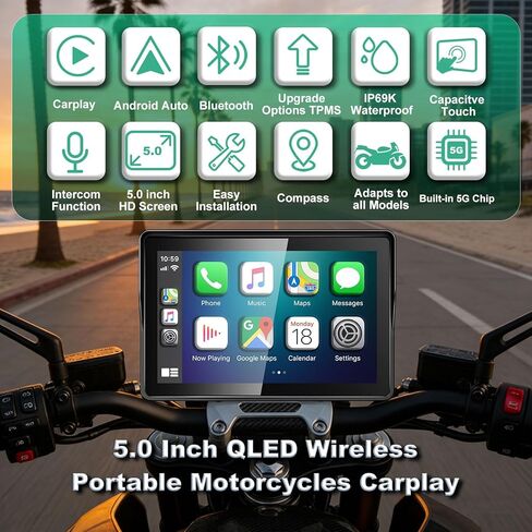 2026 YZW GPS Carplay 5 بوصة للدراجات النارية مع TPMS، CarPlay اللاسلكي وAndroid Auto، نظام تحديد المواقع GPS، يدعم البلوتوث، Siri، مساعد Google، التحكم بالصوت، USB، IP69K HD شاشة لمس مقاومة للماء in Kuwait