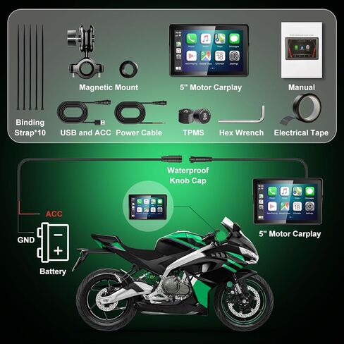 2026 YZW GPS Carplay 5 بوصة للدراجات النارية مع TPMS، CarPlay اللاسلكي وAndroid Auto، نظام تحديد المواقع GPS، يدعم البلوتوث، Siri، مساعد Google، التحكم بالصوت، USB، IP69K HD شاشة لمس مقاومة للماء in Kuwait