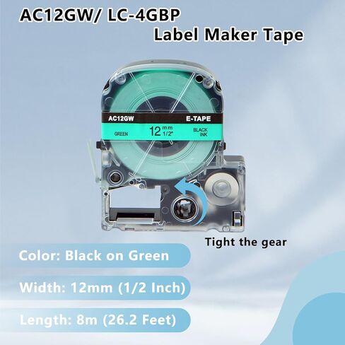 10 عبوات AC12GW شريط 12 بوصة متوافق مع LK-4GBP LC-4GBP SC12GW 12 مم أسود على خراطيش ملصقات LK خضراء لصانع الملصقات LW-300 LW-400 LW-500 LW-600P LW-K200PX in Kuwait