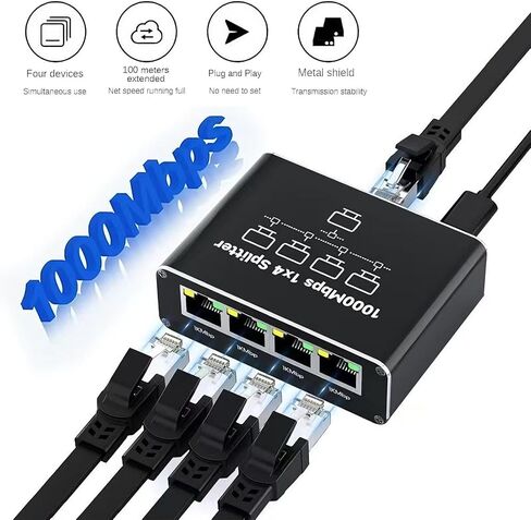 موزع شبكة جيجابت إيثرنت من 1 إلى 4، مقسم كابل الشبكة بسرعة 1000 ميجا بت في الثانية RJ45 1 في 4 مخرج، محول LAN بـ 4 منافذ لجهاز التوجيه والكمبيوتر الشخصي والتلفزيون الذكي والكاميرا والتوصيل والتشغيل، وغطاء معدني، وتوسيع منافذ الإنترنت السلكية in Saudi Arabia
