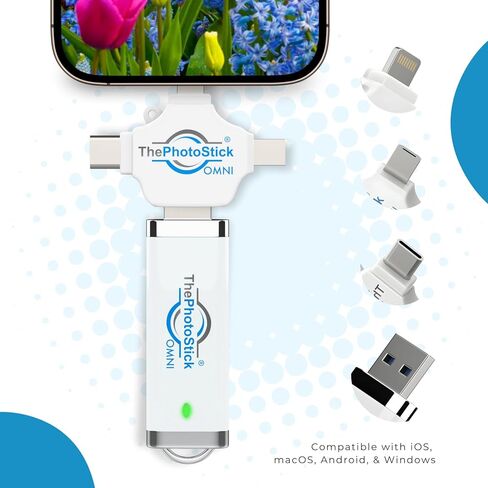محرك أقراص فلاش USB ThePhotoStick® Omni سعة 64 جيجابايت وعصا الذاكرة - النسخ الاحتياطي للصور والفيديو لأجهزة iPhone وAndroid وMac والكمبيوتر الشخصي - اتصال متعدد المنافذ لتخزين الملفات ونقلها بسهولة (عبوة من قطعتين) in Kuwait