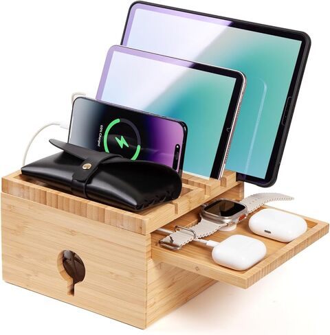 Bamboo Charging Station for Multiple Devices, Nightstand Docking Station with Small Tray, Desktop Wood Charger Organizer, Compatible with Cell Phone, Tablet, Earphones (No USB Charger and Cables) in Saudi Arabia