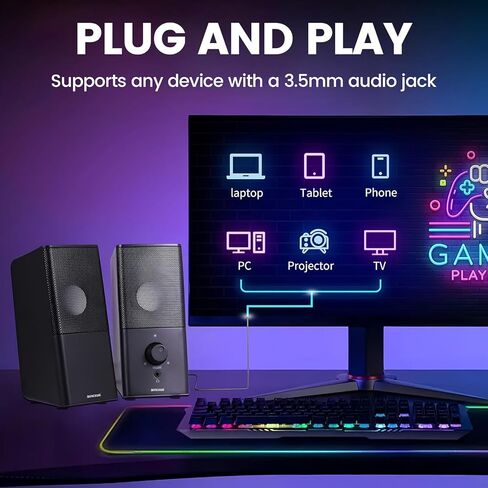 مكبرات صوت سلكية للألعاب - سماعات كمبيوتر تعمل بمنفذ USB لأجهزة الكمبيوتر المكتبية مع التحكم في مستوى الصوت، مكبر صوت للألعاب مع وسائط متعددة Aux مقاس 3.5 مم لسطح المكتب/الهاتف/الكمبيوتر المحمول in Kuwait