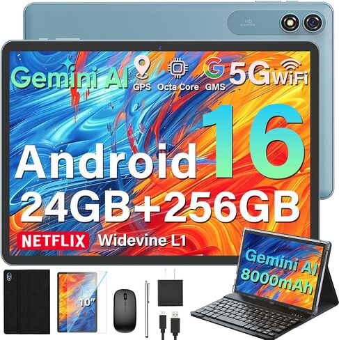 2026 Upgraded Android 16 Tablet, 10 inch Tablet with Keyboard, 24GB+256GB+2TB Expand, Gemini AI Tablet PC with 8-Core, 8000mAh, WiFi, GPS, Electronic 2-in-1 Tablets with Case, Mouse, Stylus (Black) in Saudi Arabia