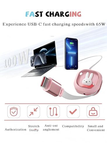 كابل MIPOW x Miffy قابل للسحب من USB C إلى USB C، كابل شحن سريع 65 وات PD، طول قابل للتعديل 0.35-4 قدم، سلك شاحن مزامنة البيانات المحمول لسلسلة iPhone 15 وSamsung وiPad والمزيد من الأجهزة من النوع C in Kuwait