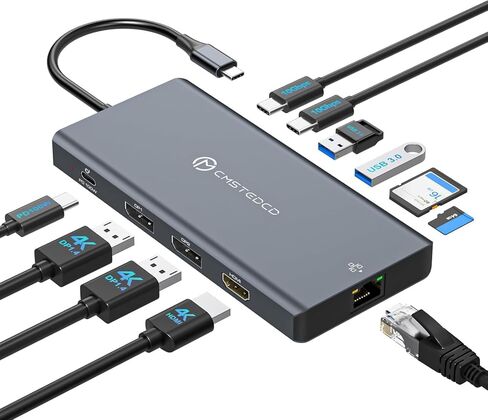 قاعدة توصيل للكمبيوتر المحمول USB C 3 شاشات مع منفذ عرض مزدوج 4K@120 هرتز وHDMI 4K@60 هرتز، محور Thunderbolt 12 في 1 مع USB A 3.0، USB C 3.2، Ethernet، SD، TF، PD 100W in Kuwait