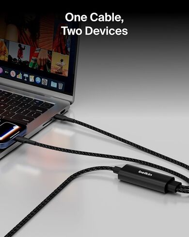 Belkin 2-in-1 USB C to USB C Cable 140W, 5ft Braided Dual Charging Cable - Fast-Charging Combo Cord w/Smart Power Sharing for MacBook, iPhone, iPad, Samsung, Pixel, & More - Travel Essentials - Black in Saudi Arabia
