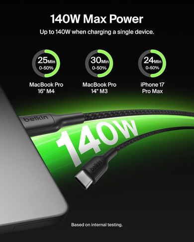 Belkin 2-in-1 USB C to USB C Cable 140W, 5ft Braided Dual Charging Cable - Fast-Charging Combo Cord w/Smart Power Sharing for MacBook, iPhone, iPad, Samsung, Pixel, & More - Travel Essentials - Black in Saudi Arabia