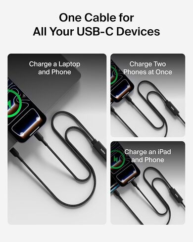 Belkin 2-in-1 USB C to USB C Cable 140W, 5ft Braided Dual Charging Cable - Fast-Charging Combo Cord w/Smart Power Sharing for MacBook, iPhone, iPad, Samsung, Pixel, & More - Travel Essentials - Black in Saudi Arabia