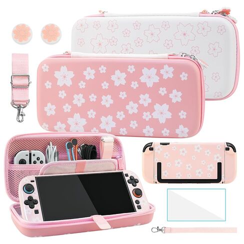 FANPL Cute Carrying Case Bundle for Nintendo Switch 2, Accessories Kit with Hard Travel Case, Protective Shell, Adjustable Strap, Screen Protector, Thumb Grip Caps, Pink White Sakura for Girl in Saudi Arabia