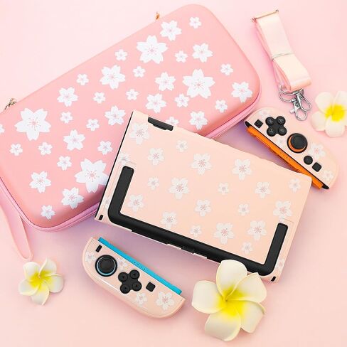 FANPL Cute Carrying Case Bundle for Nintendo Switch 2, Accessories Kit with Hard Travel Case, Protective Shell, Adjustable Strap, Screen Protector, Thumb Grip Caps, Pink White Sakura for Girl in Saudi Arabia