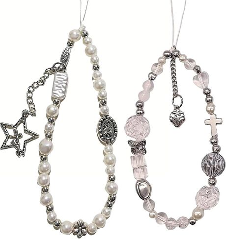 beaded camera wrist strap, cute phone pendant lanyard, pearl bracelet wristband, wallet and keychain decoration, sturdy, good-looking, trendy, 2 pieces in Saudi Arabia