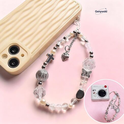 beaded camera wrist strap, cute phone pendant lanyard, pearl bracelet wristband, wallet and keychain decoration, sturdy, good-looking, trendy, 2 pieces in Saudi Arabia